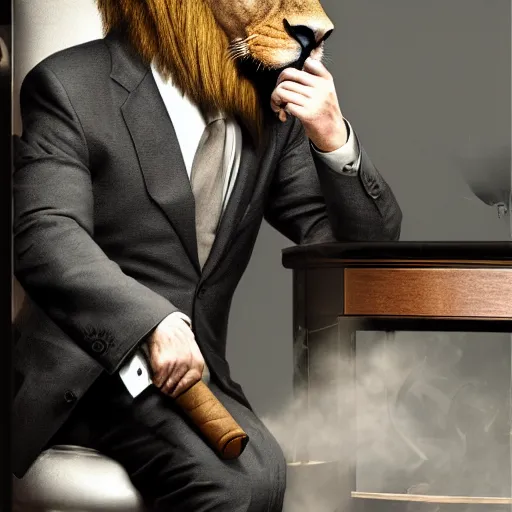 Image similar to a lion smoking a cigar wearing a suit, subject= lion, subject detail: wearing a suit, subject action: smoking a cigar, dramatic lighting, cinematic lighting, establishing shot, photorealistic, high details, cinematic, 8k resolution, extremly detailed, photorealistic, artstation, unreal engine