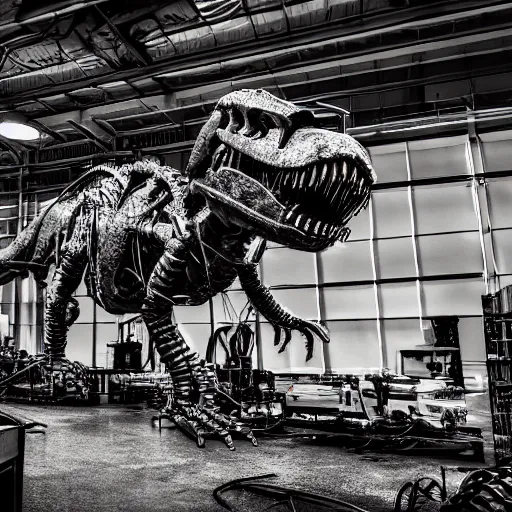 Prompt: mechanical battle T-Rex being constructed on assembly line, showers of welding sparks, high contrast, HDR, photo, detailed, 4k