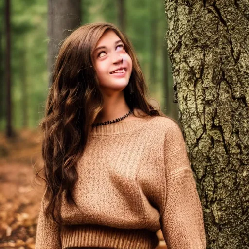 Image similar to real life photo of a beautiful girl, full body photoshoot, long brown hair, brown eyes, full round face, short smile, belly free, brown sweater, forest setting, cinematic lightning, medium shot, mid - shot, highly detailed, trending on artstation, unreal engine 4 k, 8 0 mm, 8 5 mm, cinematic wallpaper