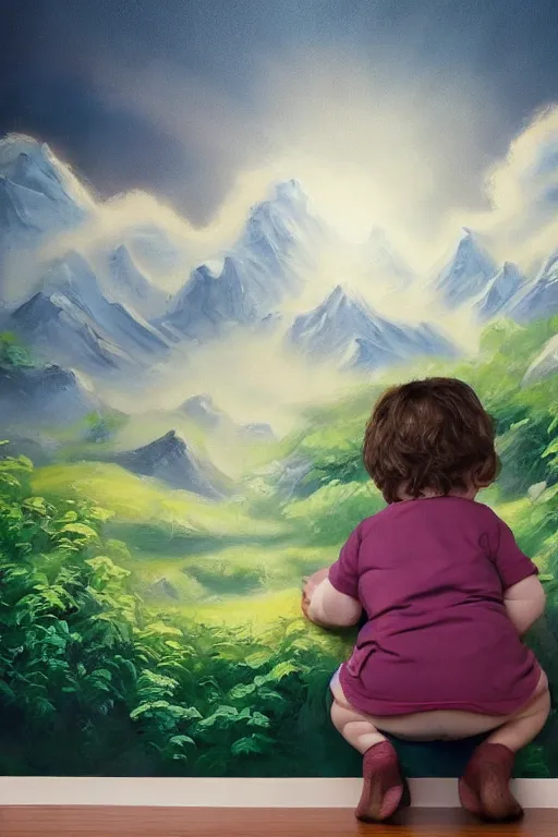 Prompt: a baby version of bob ross, in front of a finger painted mural on a wall, dramatic lighting, cinematic, establishing shot, extremely high detail, foto realistic, cinematic lighting, post processed, concept art, high details, cinematic, 8k resolution, beautiful detailed, photorealistic, digital painting, artstation, concept art, smooth, sharp focus, artstation trending, octane render, unreal engine
