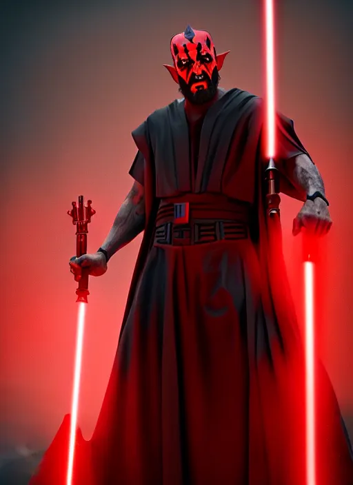 Image similar to Jesus Christ as Darth Maul the Sith, 8k octane beautifully detailed render, post-processing, extremely hyperdetailed, intricate, epic composition, grim yet sparkling atmosphere, cinematic lighting + masterpiece, trending on artstation