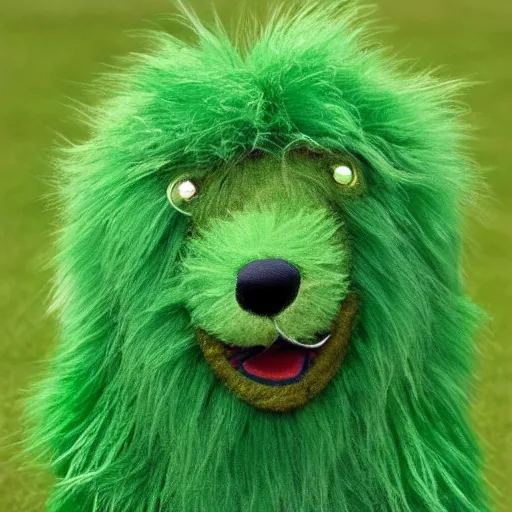 Prompt: a green dog made of grass, green alien dog, green shaggy fur