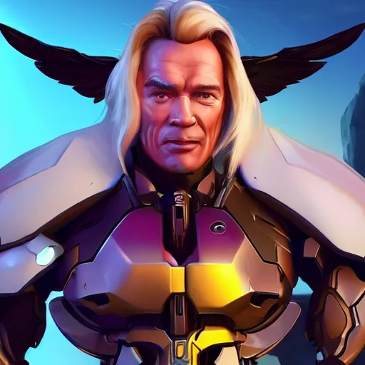 Image similar to a screenshot of arnold schwarzenegger as mercy in overwatch, angel wings, halo, portrait, fantasy, beautiful face, vivid colors, elegant, concept art, sharp focus, digital art, hyper - realistic, 4 k, unreal engine, highly detailed, hd, dramatic lighting by brom, trending on artstation