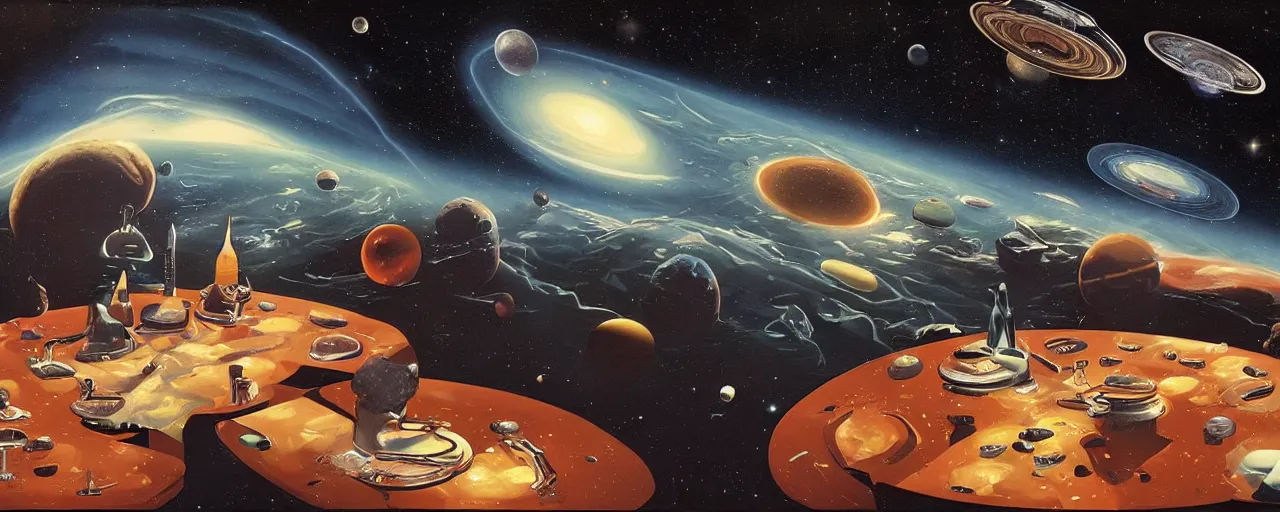 Prompt: a cafeteria table in space by david a. hardy