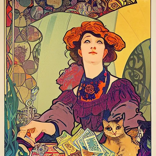 Image similar to a vintage poster with border of a Caucasian fortune teller lady with curly hair, a spread of tarot cards on a table, cats on her side, in a colorful tent, Alphonse Mucha poster ,