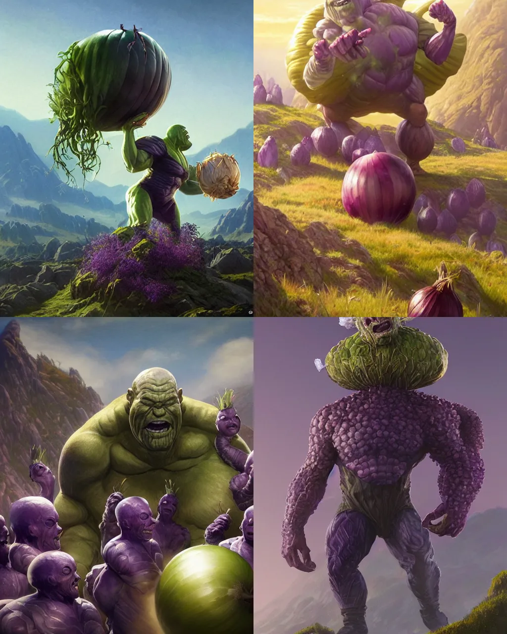 Prompt: onion thanos covets the largest onion standing on a mountain and smiling, character portrait, ultra realistic, concept art, intricate details, highly detailed by greg rutkowski, ilya kuvshinov, gaston bussiere, craig mullins, simon bisley, proud onion hybrid thanos, surrounding onions and garlic, onion thanos laughing