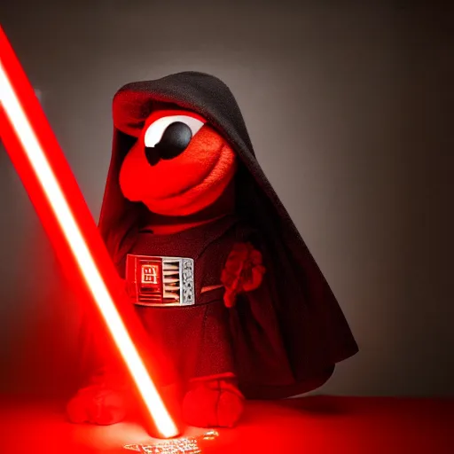 Image similar to Elmo as a dark lord of the sith weilding his red glowing light saber, studio portrait, mysterious lighting, 8K photograph