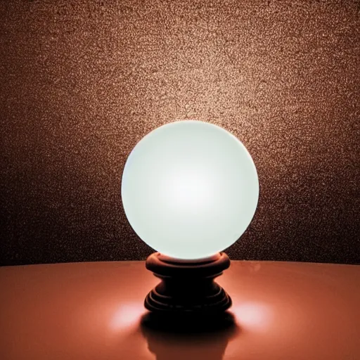 Prompt: A reflective crystal ball sitting on a table, glowing background lights, moody, magic, by Michael Kincade