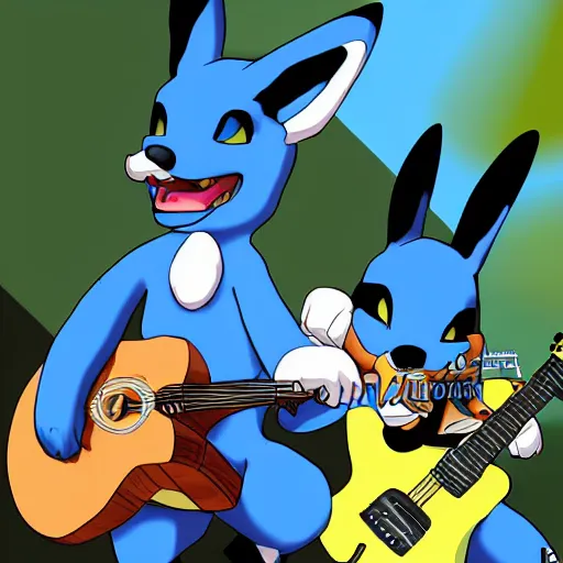 Image similar to lucario and k. K. Slider playing guitar at Woodstock, portrait full body, digital art, high quality, beautiful colors, mesmerizing