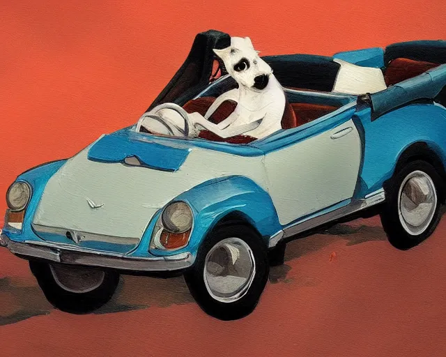 Prompt: a painting of a hipster dog driving a convertible in monte carlo, in the style of greg rutkowski, highly detailed