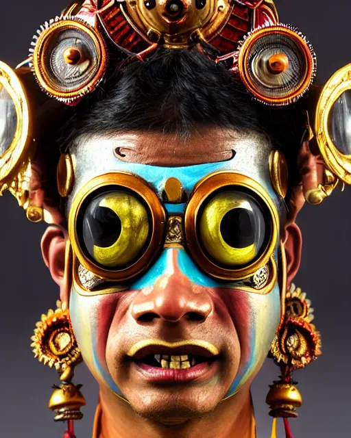 Image similar to photo of a Dramatic angry Kathakali male character with painted face wearing futuristic MadMax style steampunk goggles and accessories in the style of stefan kostic, realistic, sharp focus, symmetric, 8k high definition, insanely detailed, intricate, elegant, art by stanley lau and artgerm, Hajime Sorayama, William-Adolphe Bouguereau