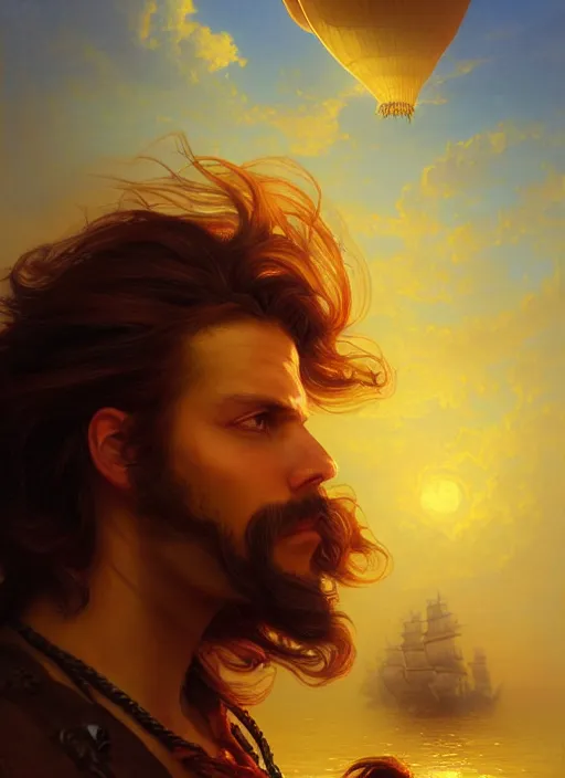 Image similar to portrait painting of a handsome face rugged long hair crimson hair male pirate, top half portrait soft hair steampunk ornate zeppelin blimp airship in the background sky sunset golden hour fantasy soft hair deviantart book cover art dramatic volumetric lighting art by wlop greg rutkowski gaston bussiere