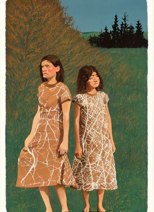 Prompt: composition by justine kurland, a zoomed out portrait of 3 beautiful tan skinned light brown hair girls in different pattern dresses in a scenic representation of mother nature and the meaning of life by billy childish, thick visible brush strokes, shadowy landscape painting in the background by beal gifford, vintage postcard illustration, minimalist cover art by mitchell hooks