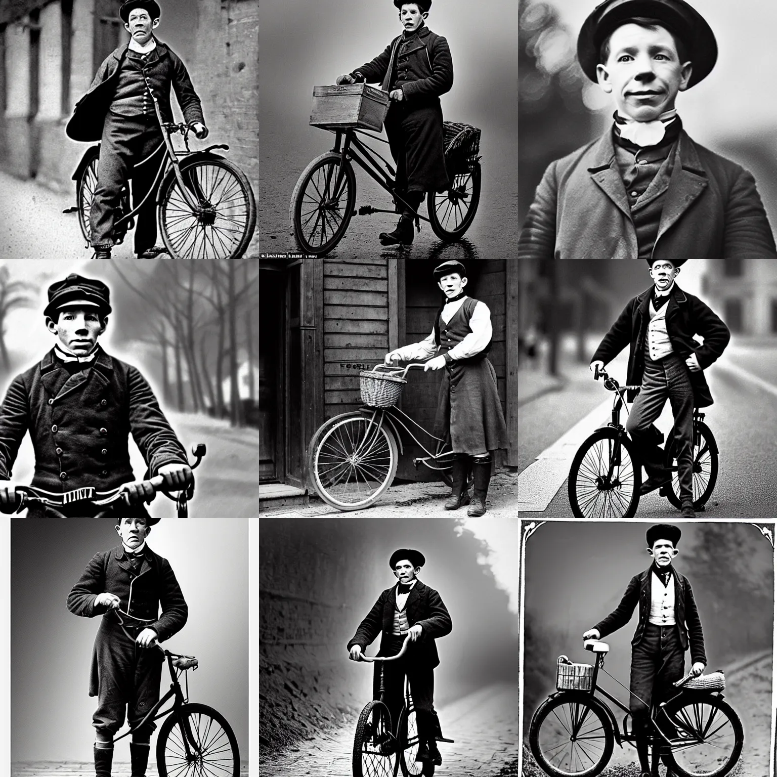 Prompt: a young 19th century postman looks similar to Lee Evans, rides a bike, cinematic lighting, highly detailed, black-and-white, realistic, antique photography