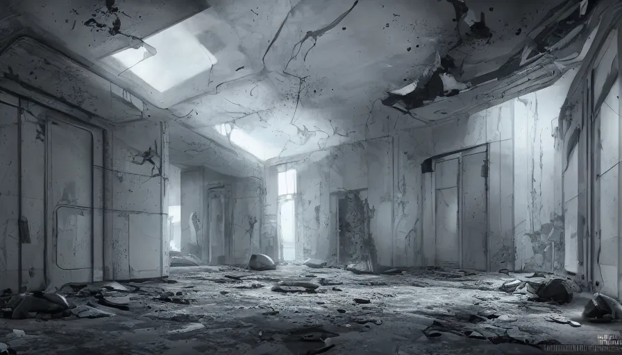 Image similar to interior of the abandoned area 5 1, secret rooms, dark corridors, white walls, hyperdetailed, artstation, cgsociety, 8 k