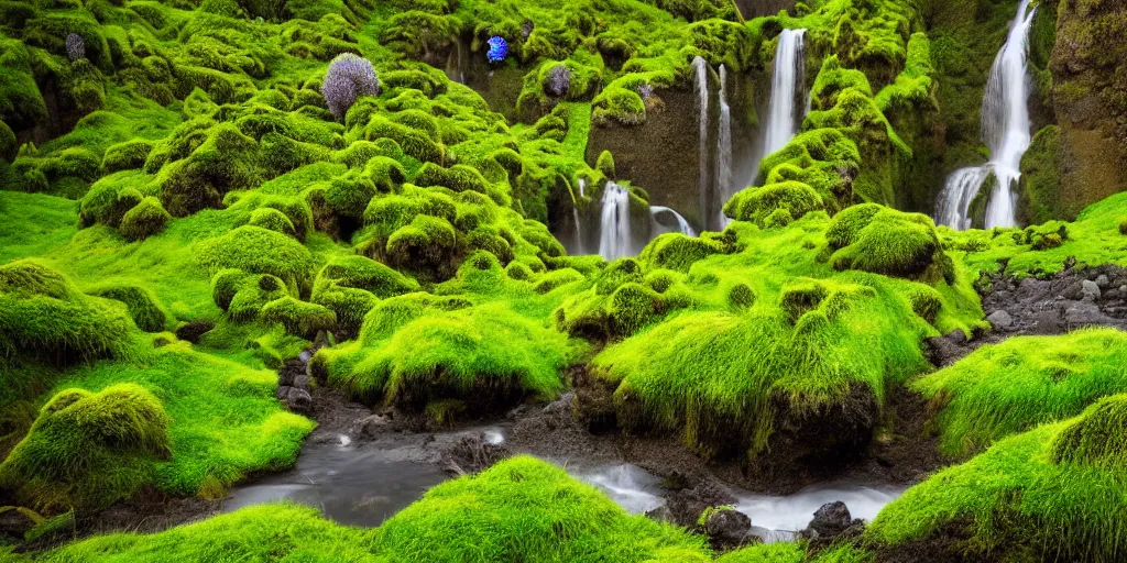 Prompt: photo of a landscape with lush forest nad flowers, wallpaper, very very wide shot, iceland, new zeeland, green flush moss, national geographic, award landscape photography, professional landscape photography, waterfall, stream of water, wisteria flowers, big sharp rock, ancient forest, primordial, sunny, day time, beautiful