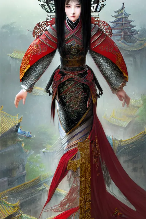 Image similar to portrait black hair young knights of Dynasty Warriors girl, metallic red mirror armor, in ruin chinese temple rooftop heavily rain sunrise, ssci-fi and fantasy, intricate and very beautiful and elegant, highly detailed, digital painting, soft light, artstation, concept art, smooth and sharp focus, illustration, art by tian zi and WLOP and alphonse mucha