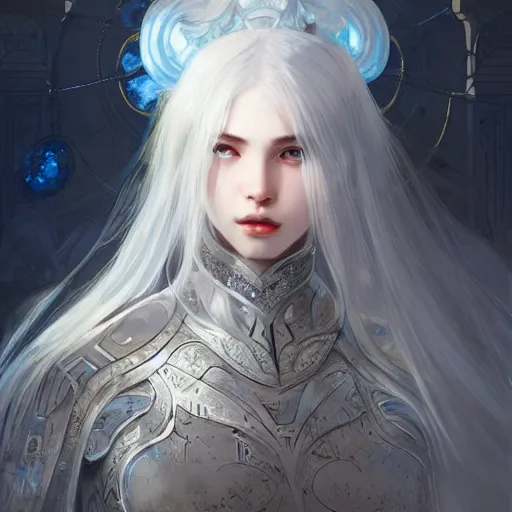 Image similar to portrait white hair knights of Zodiac girl, Sliver ice color reflected armor, in ruined Agora of Athens Sunrise, ssci-fi and fantasy, intricate and very very beautiful and elegant, highly detailed, digital painting, artstation, concept art, smooth and sharp focus, illustration, art by tian zi and WLOP and alphonse mucha