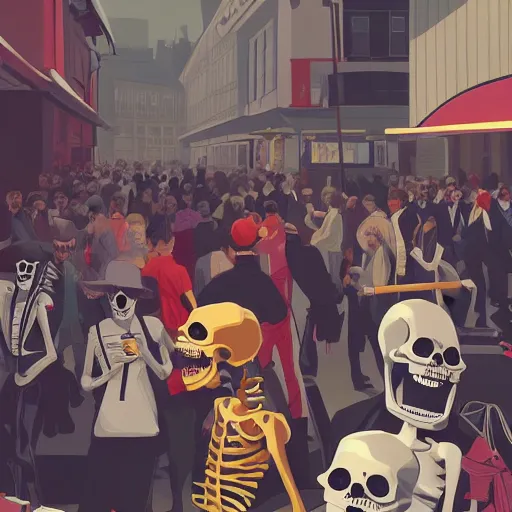 Prompt: a crowd composed by skeletons dressed funnily fight to have the an Iphone in a store of London, 2d, ultra highly detailed, digital painting, smooth, sharp focus, artstation, pixiv, art by Ilya Kuvshinov