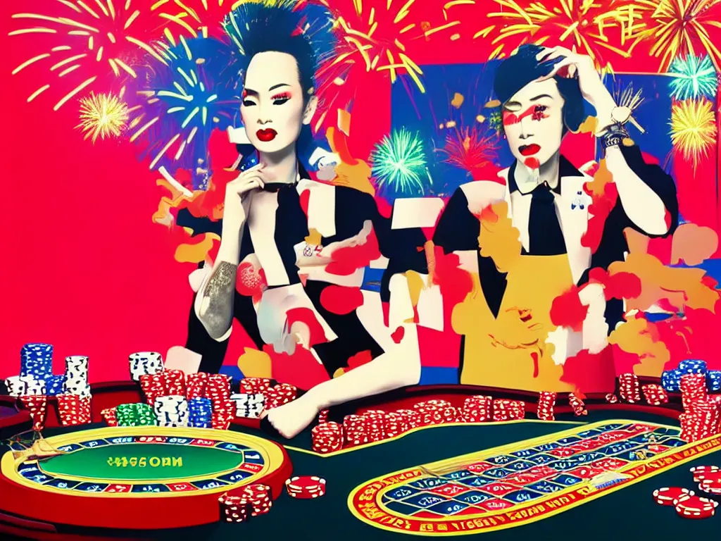 Image similar to hyper - realistic composition of a room in a casino with an extremely detailed poker table, croupier in kimono standing nearby fireworks in the background, pop art style, jackie tsai style, andy warhol style, acrylic on canvas