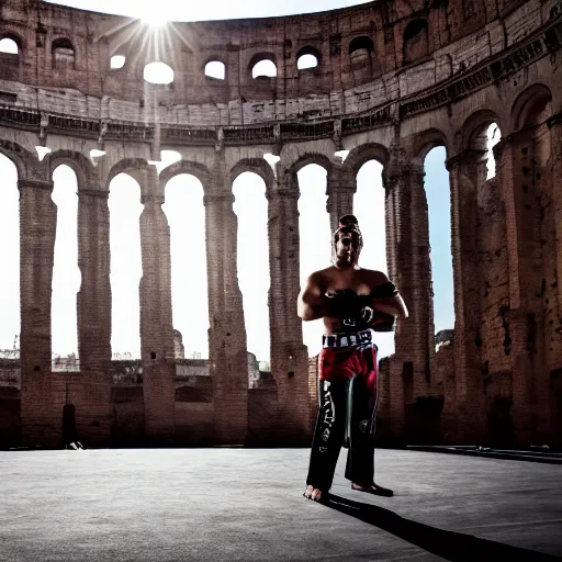 Image similar to photo of mma fighter in roman colosseum, natural light, 4k, high quality, award winning photography