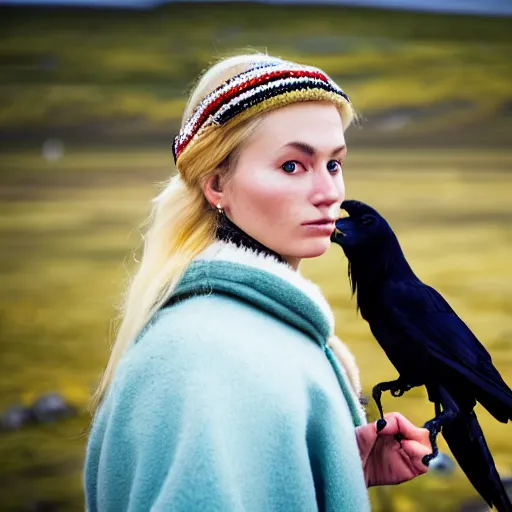 Image similar to symmetry!! portrait photograph of an extremely beautiful!!!! young blonde scandinavian woman with symmetric face. with a very detailed raven!!! on her shoulder. wearing traditional greenlandic national colorful costume or kalaallisuut. in iceland. petzval lens. shallow depth of field. on flickr, art photography,