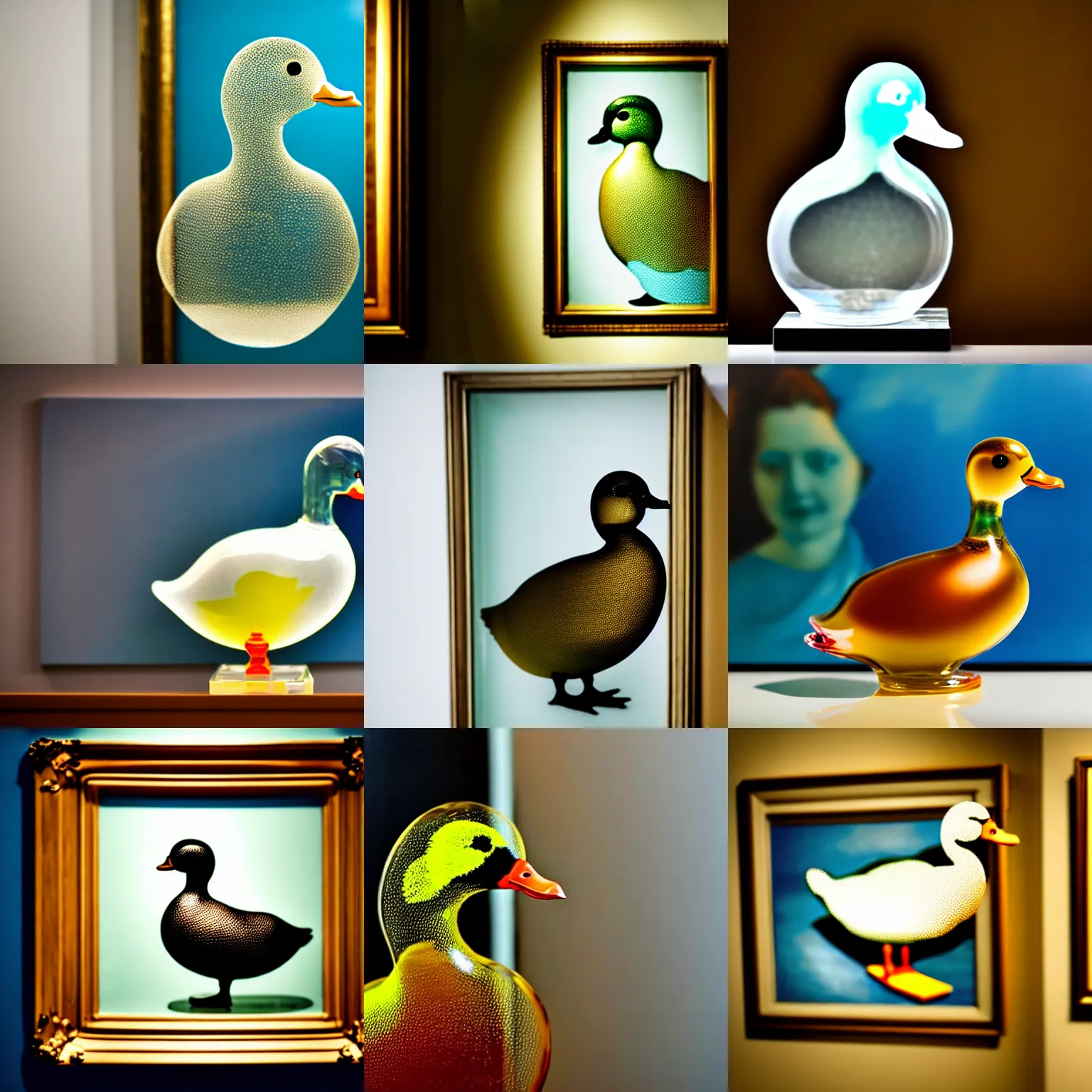 Prompt: a close up photo of a [ transparent clear vintage art glass duck in front of a painting ] [ not opaque ] [ clear duck ]