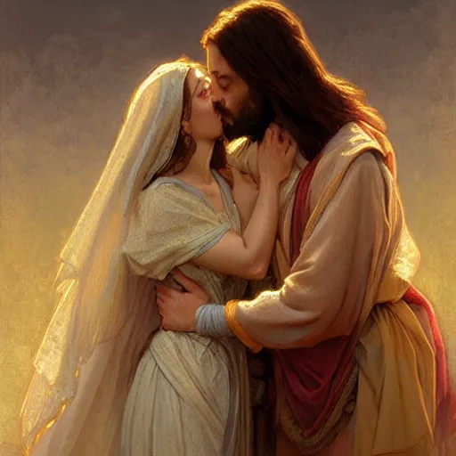 Image similar to jesus kissing a maria maddalena, intricate, elegant, highly detailed, digital painting, artstation, concept art, matte, sharp focus, illustration, art by artgerm and greg rutkowski and alphonse mucha