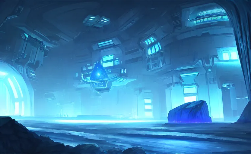 Image similar to futuristic factory in a dark cave, blue crystals, halo, star craft, concept art, mate painting, artstation