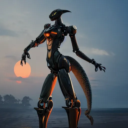 Image similar to a highly detailed full shot of beautiful anthropomorphic robot female dragon, standing and posing elegantly, streamlined mechanical body, with sharp claws on her hands and feet, two arms, two legs, long tail, on the beach, artstation, DeviantArt, professional, octane render, sunset lighting