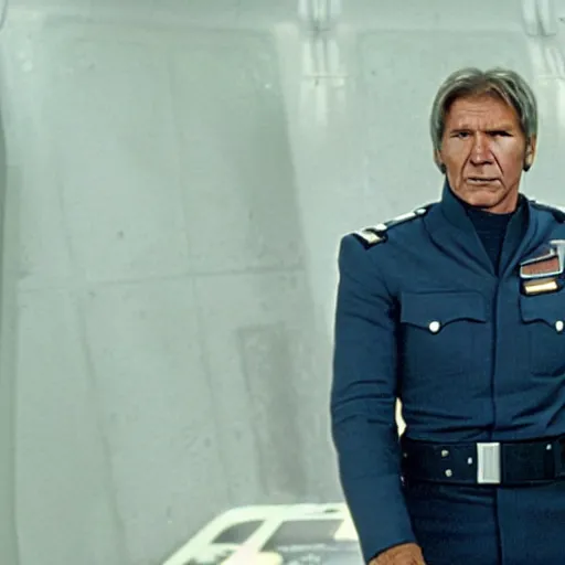 Image similar to A still of Harrison Ford as Commander Adama in Battlestar Galactica (2003), wearing a dark blue colonial uniform