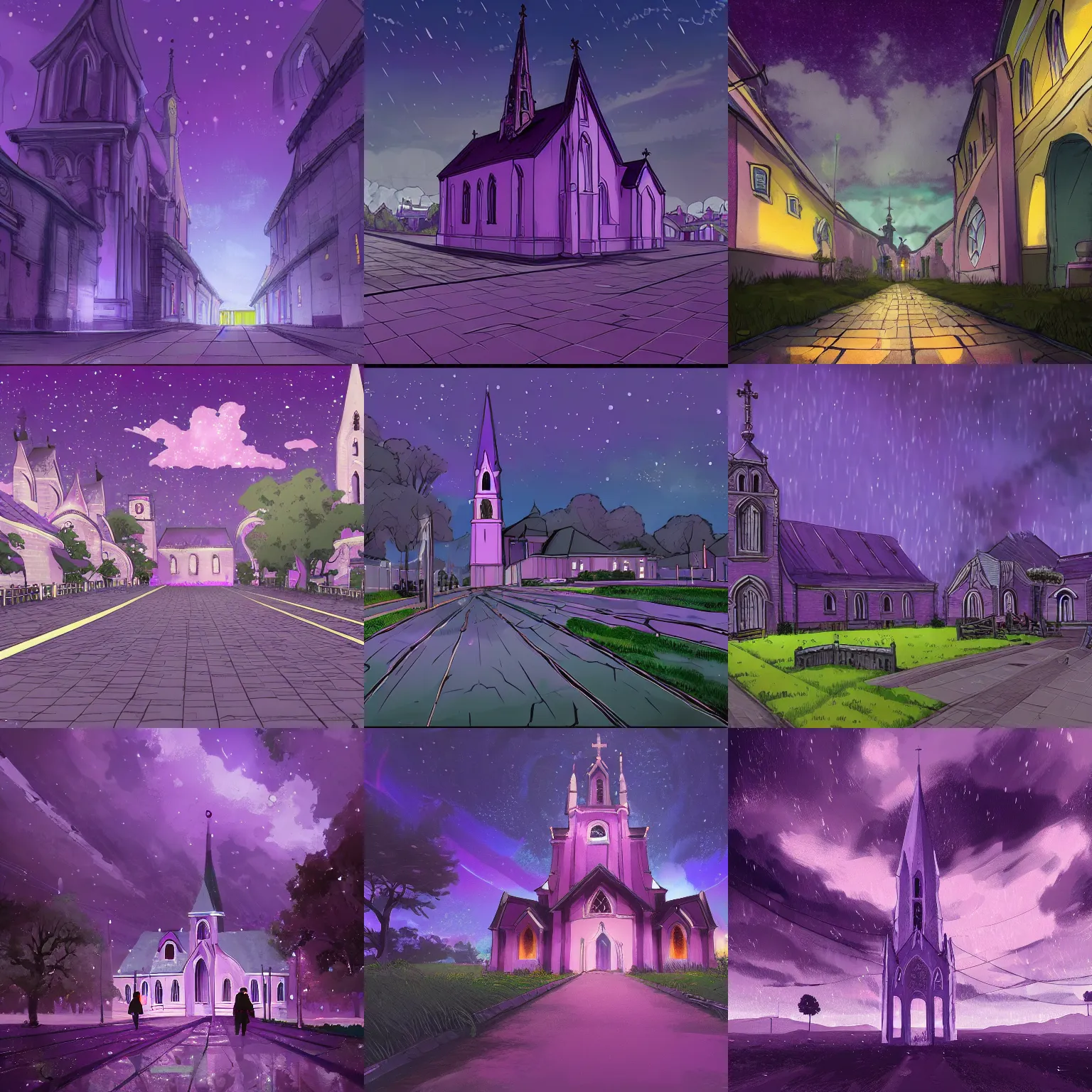 Prompt: purple church and wet ground under night sky,anime background for half-length character,very detailed,trending on artstation, low perspective