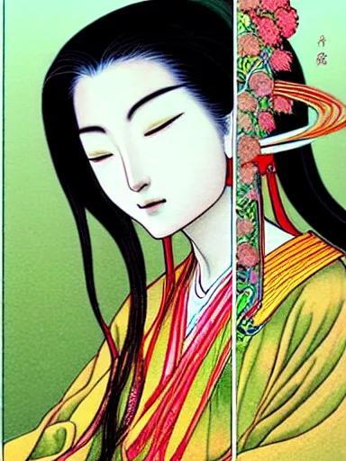 Prompt: guan yin, goddess of mercy : : digital illustration, concept art, character design : ; illustrated by miho hirano, masaaki sasamoto, hosukai