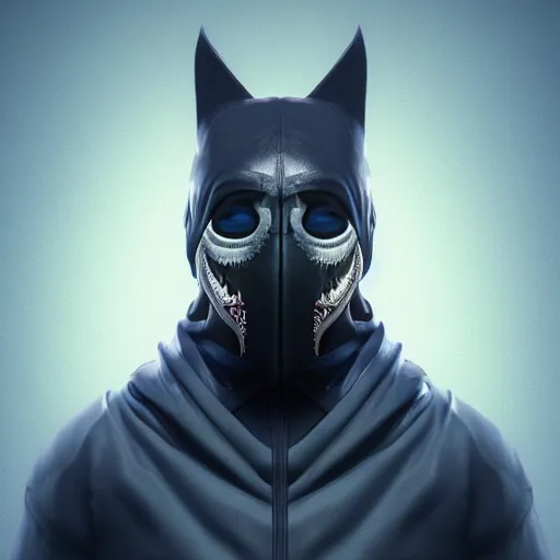 Prompt: a highly detailed, portrait of a man with black hair with a black medical mask, in a hood in the form of a blue shark with white teeth, artstation, DeviantArt, epic, professional, octane render, digital art