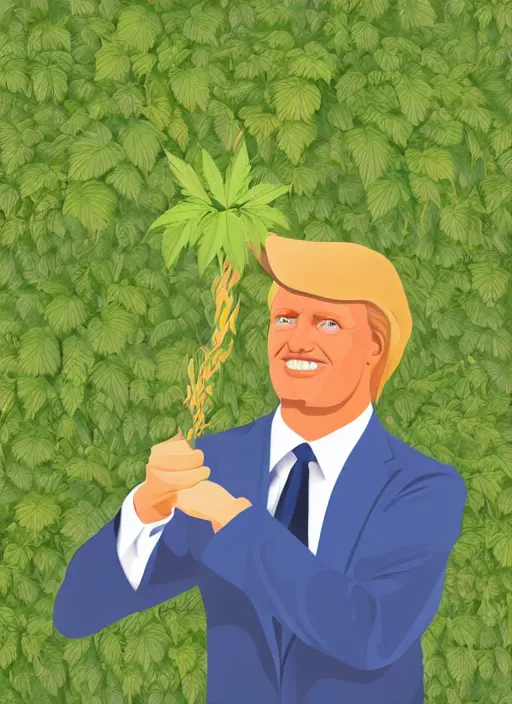 Prompt: digital portrait of a enthusiastic person looking like donald trump cultivating weed, holding pack of dollars in right hand, illustration realistic