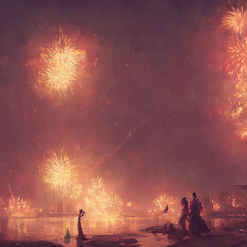 Image similar to firework festival at night, greg rutkowski, krenzcushart, nier automata enviroment concept art, makoto shinkai, alphonse mucha