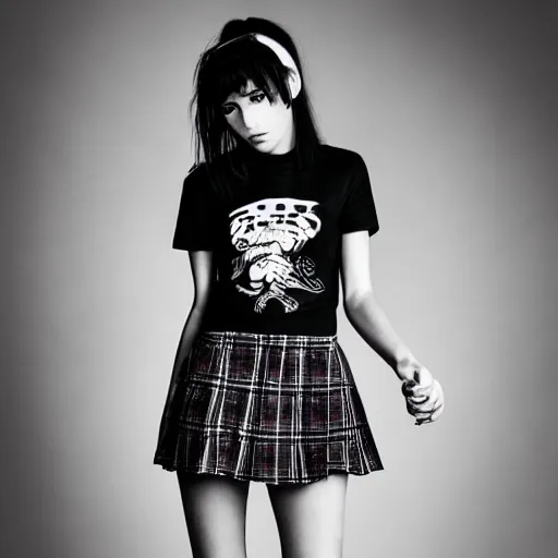 Image similar to female jade weber model teenage goth photography plaid mini skirt band shirt beautiful face, dramatic light darkroom