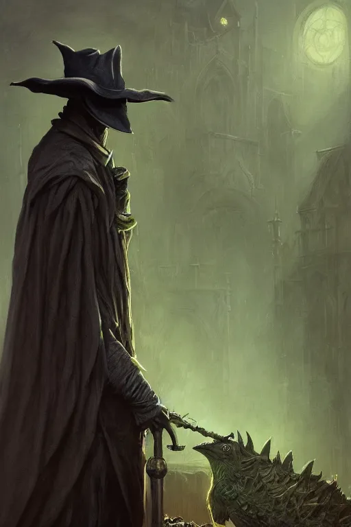 Prompt: A fancy portrait of a green plague doctor by Greg Rutkowski, Dan Mumford, Christophe Vacher, Bloodborne, 4k photorealistic, volumetric lighting, HD, high details, dramatic, beautiful flowing fabric, dark atmosphere, trending on artstation