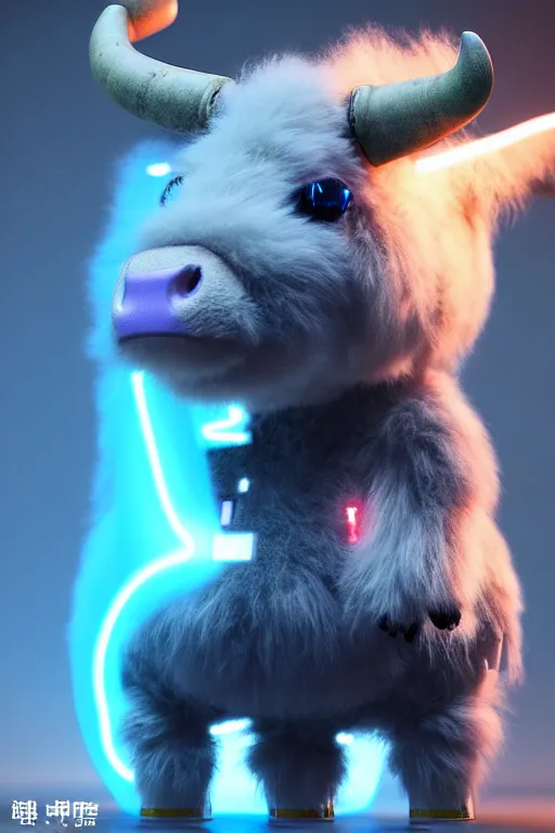Image similar to high quality 3 d render sci - fi very cute cyborg cow fluffy! hybrid! drinking beer, highly detailed, unreal engine cinematic smooth, in the style of blade runner & detective pikachu, hannah yata charlie immer, dark blue neon light, low angle, uhd 8 k, sharp focus