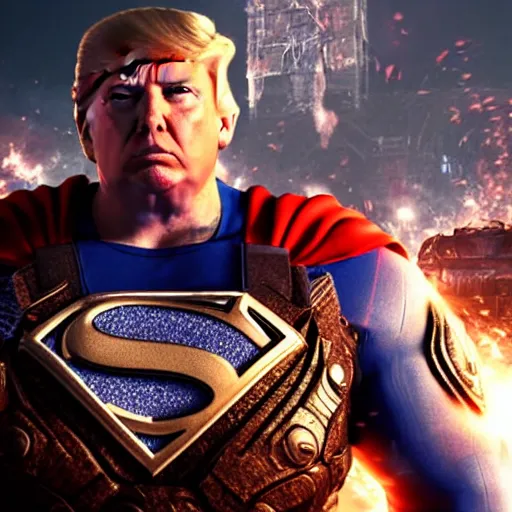 Image similar to Donald Trump as superman in Gears of War, splash art, movie still, cinematic lighting, dramatic, octane render, long lens, shallow depth of field, bokeh, anamorphic lens flare, 8k, hyper detailed, 35mm film grain