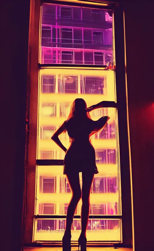 Prompt: realistic vertical photo, girl in 7 0's retro club, editorial, fashion, neon - decorated urban on night in the city seen through window, realistic, modern design, vintage, night, blade runner, dark, clean lines, asian futuristic city at distance, big windows, octane, wide angle