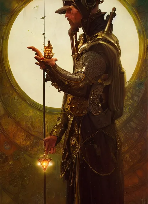 Image similar to hyper realistic knight casting a spell, refined details, denoised, birds eye view, magical, gems, jewels, gold, steampunk, cyberpunk utopia, painted by tom bagshaw, mucha, gaston bussiere, craig mullins, j. c. leyendecker 8 k