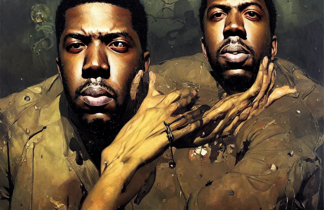 Image similar to portrait of flying lotus!!!!!!!!!!!!!!!!!!!!!!!!!!!, detailed face, detailed painting,, epic lighting, by ilya repin, phil hale and kent williams