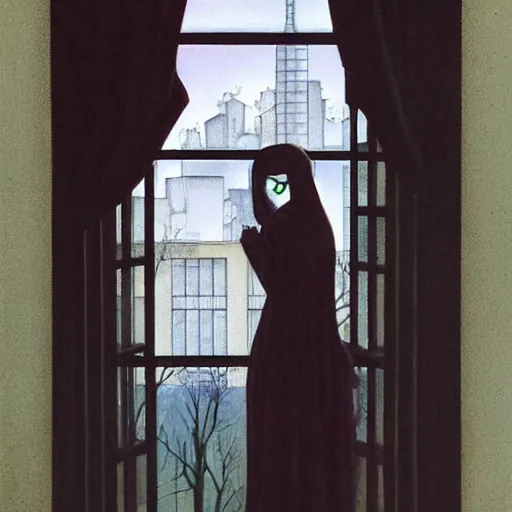 Prompt: modern urban vampire looking out her window from her apartment, by gerald brom