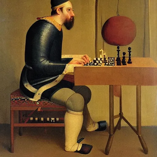 Image similar to portrait painting of a medieval King playing chess by George Stubbs, oil painting, old master, masterpiece