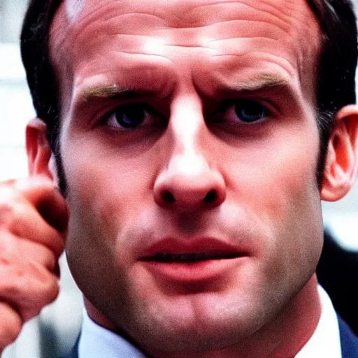 Prompt: gorilla face of Emmanuel Macron in American Psycho (1999)