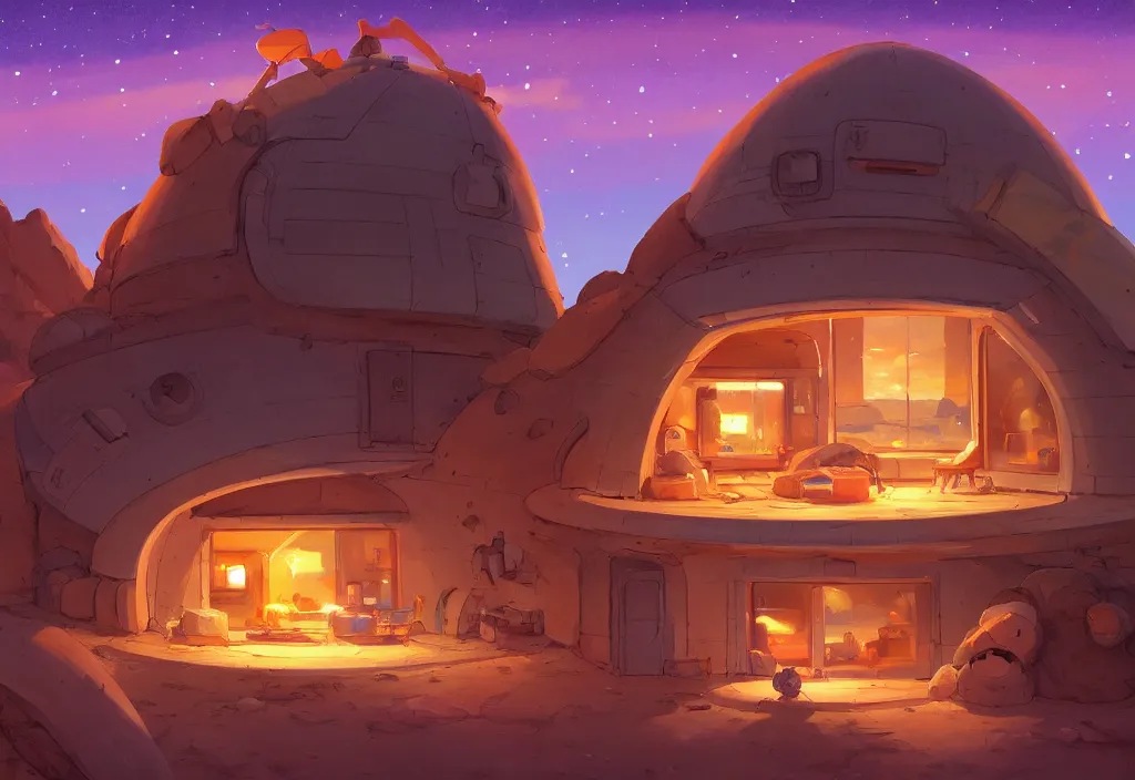 Prompt: sci - fi chubby house in the desert at night, bondfire, rocks, mountain, river, intricate oil painting, high detail illustration, sharp high detail, manga and anime 1 9 9 9, official fanart behance hd artstation by jesper ejsing and makoto shinkai, 4 k,