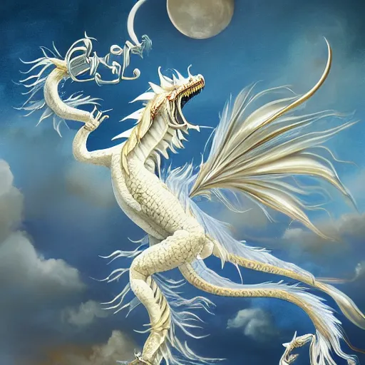 Image similar to a painting of a long white chinese dragon dancing in front of the moon, illustration, shiny, full resolution, full lights, sharp focus, Artstation, intricate, ethereal, highly detailed, smooth,