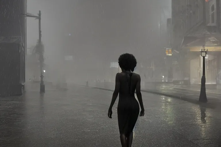 Prompt: vfx beautiful black woman photo real, sci-fi city street night lighting, rain and fog by Emmanuel Lubezki