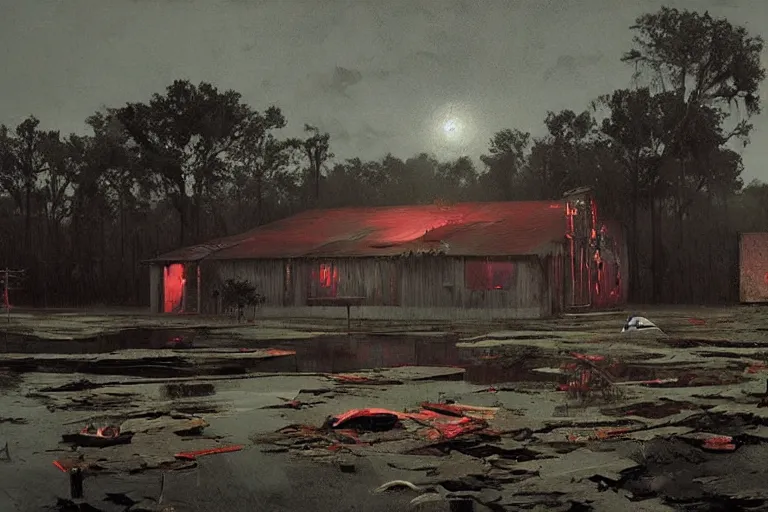 Image similar to scene from louisiana swamps, old protestant church with neon satanic pentagram, junkyard by the road, boy scout troop, voodoo artwork by tim eitel